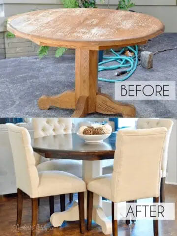 before and after of a wood table refinish project.