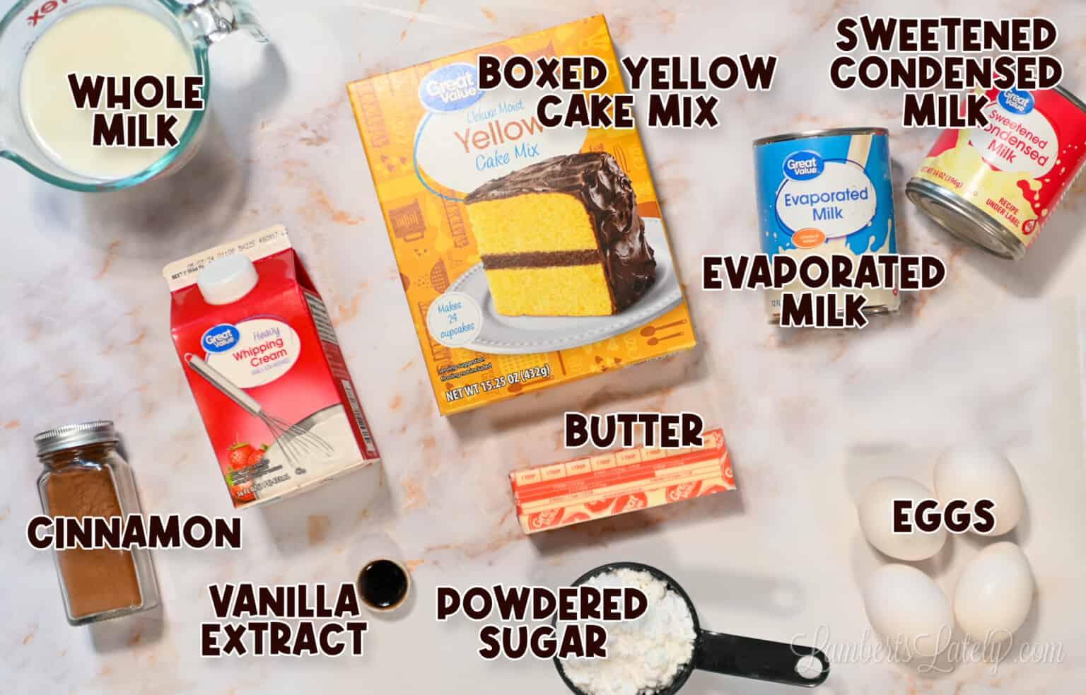 ingredients for tres leches cake with cake mix.