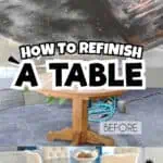 Before and after of a wood table refinishing project with stain stripper application.