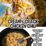 Creamy crack chicken chili with chicken, corn, beans, and cheese in a pot.