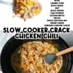 Close-up of Crock Pot Crack Chicken Chili in a black slow cooker with shredded cheese and chicken.