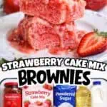 Delicious strawberry cake mix brownies with fresh strawberries on top.