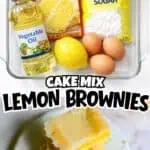Ingredients for Lemon Brownies including lemon cake mix, eggs, vegetable oil, powdered sugar, and a.