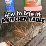 Step-by-step guide to refinish a wood kitchen table with paint and sealant.