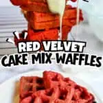 Red velvet cake mix waffles topped with cream cheese icing and crispy red velvet sticks.