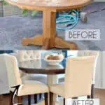 Before and after of a wood table refinishing project with a farmhouse style look.