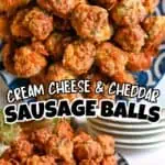 Close-up of golden brown cream cheese and cheddar sausage balls on a blue plate.