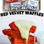 Stack of red velvet waffles topped with white icing and syrup, with baking ingredients in background.