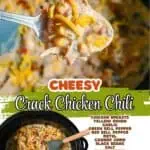 Close-up of cheesy crack chicken chili in a spoon with ingredients in background.
