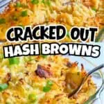 Cracked out hash browns with cheese and green onions in a glass baking dish.