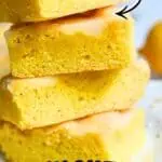 Stack of lemon cake mix brownies with text highlighting five ingredients.