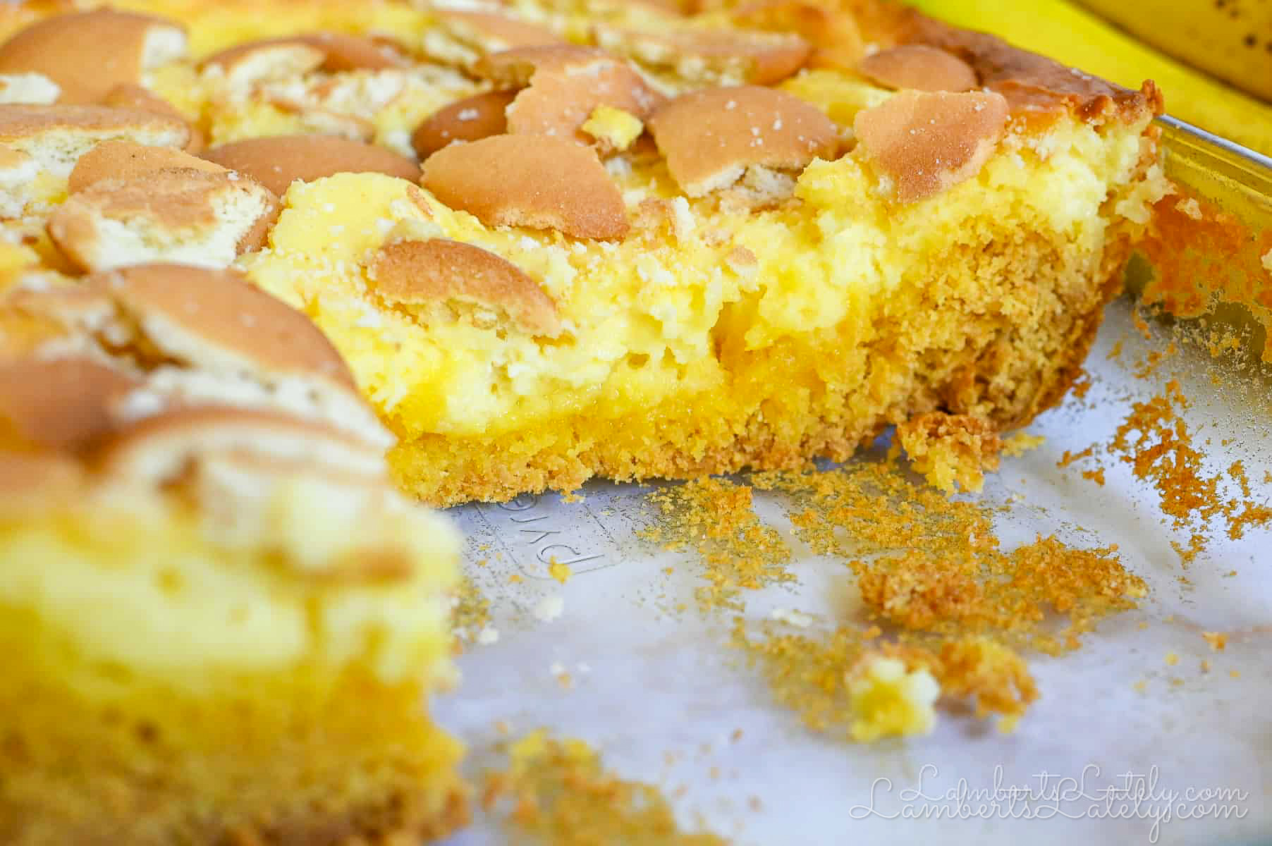 baking dish with banana pudding brownies.