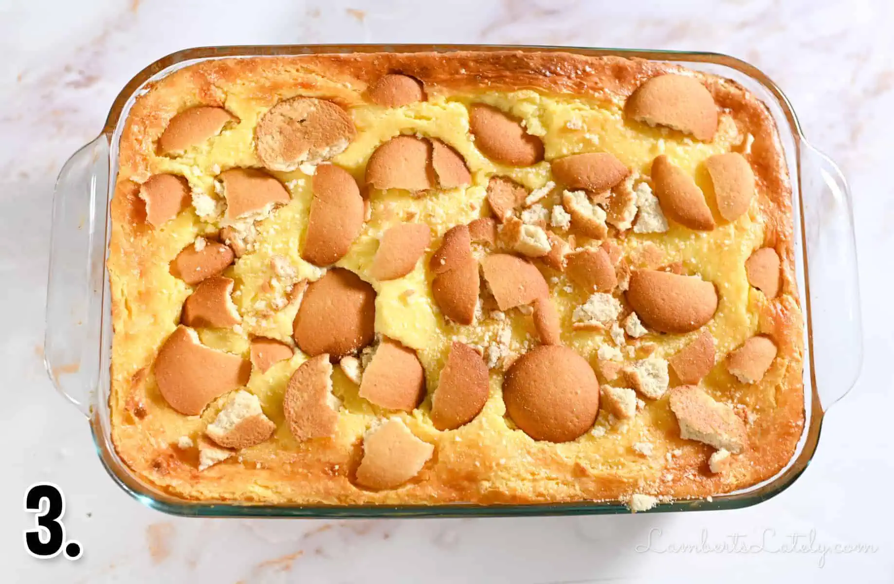 banana pudding brownies topped with vanilla wafers.