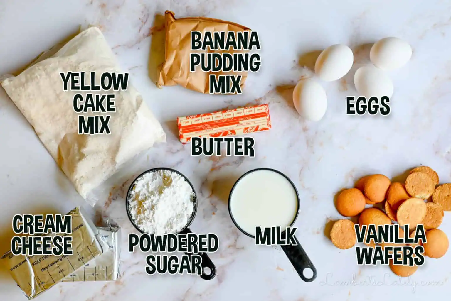 ingredients for banana pudding brownies, including instant banana pudding mix and yellow cake mix.