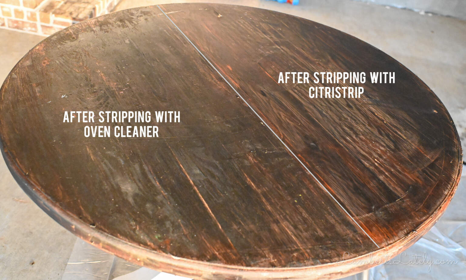 comparison of oven cleaner vs paint stripper effects on a wood table.