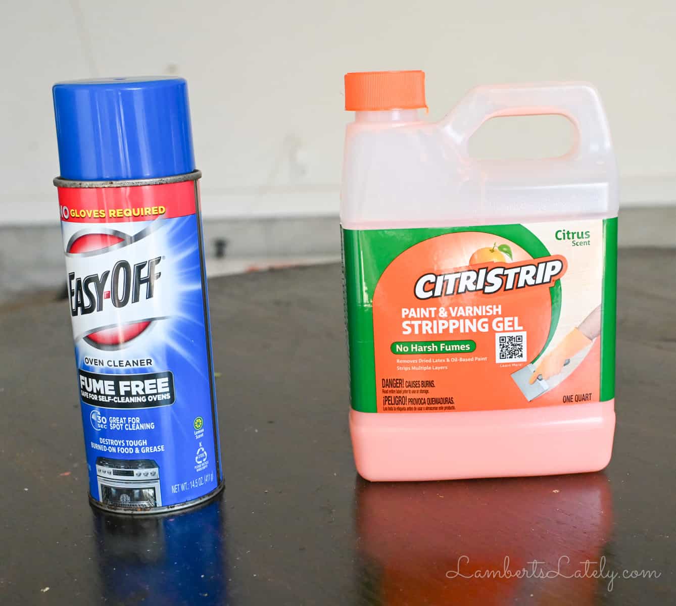 bottle of oven cleaner and Citristrip stripping gel on a table.