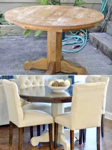 before and after of how to refinish a wood table - top with old, orange stain and bottom with dark wood top and farmhouse painted base.
