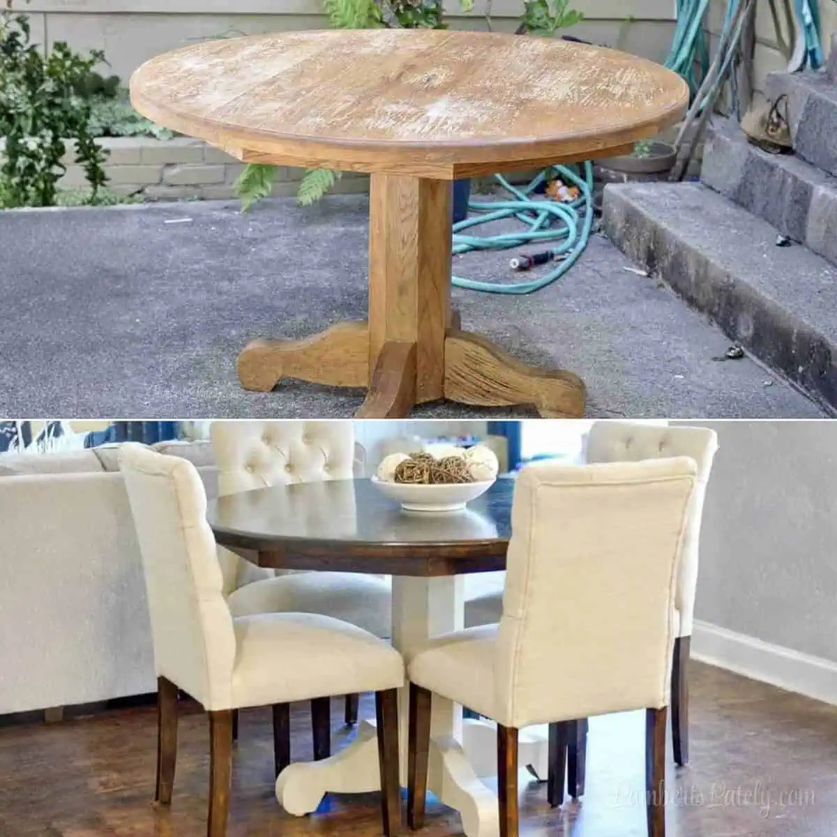 before and after of how to refinish a wood table - top with old, orange stain and bottom with dark wood top and farmhouse painted base.