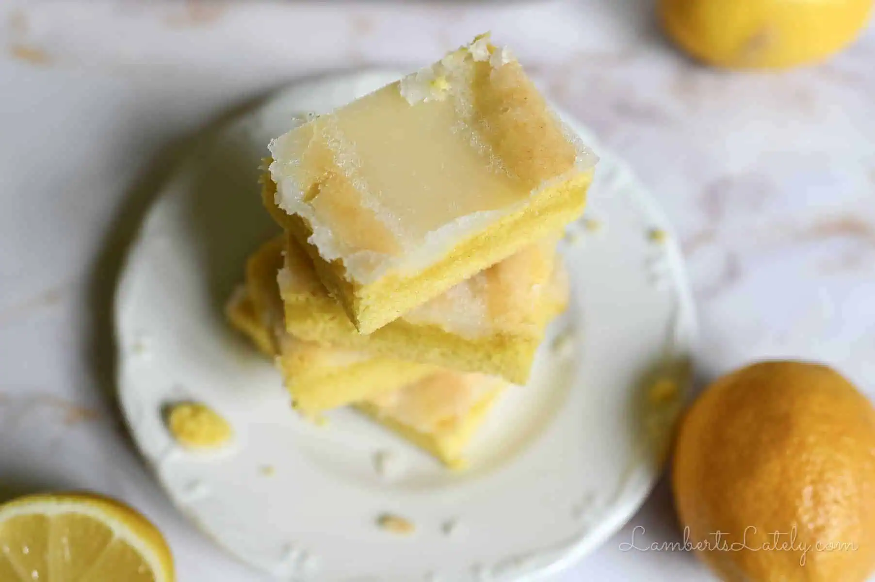 top of a lemon brownie covered in glaze.