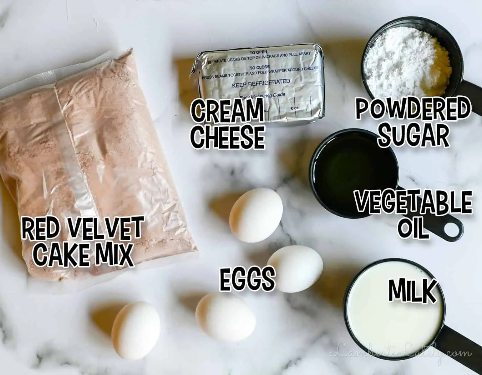 ingredients for red velvet waffles.