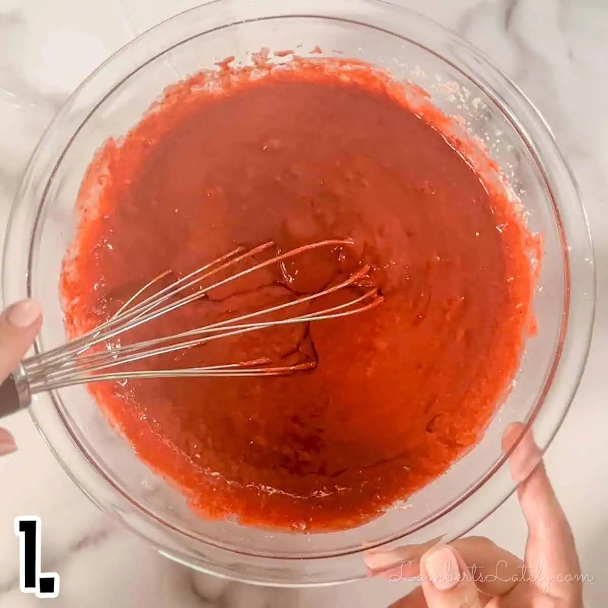 red velvet cake batter in a glass bowl.