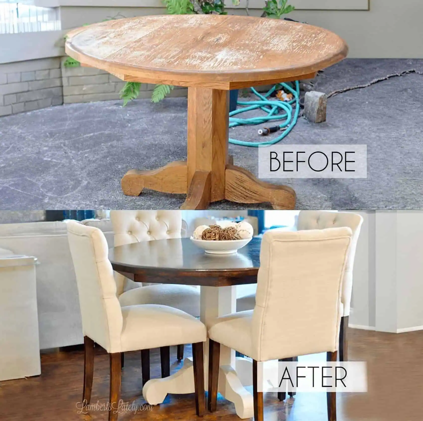 Before and after image of a wooden dining table restoration.