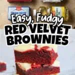 Delicious red velvet brownies with cream cheese frosting on a cooling rack.