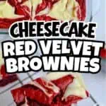 Red velvet cheesecake brownies with cream cheese topping and vibrant red color.