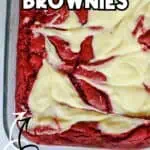 Close-up of red velvet cake mix brownies with cream cheese frosting and red swirls.