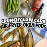 Crispy air fryer okra pods with dipping sauce and seasonings on a wire rack.