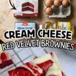 Red velvet cake mix brownies with cream cheese topping and eggs in carton.