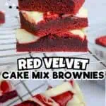 Close-up of red velvet cake mix brownies with cream cheese frosting.