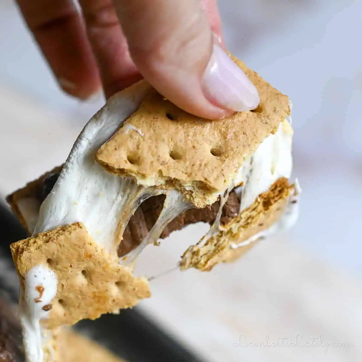 breaking a s'mores apart with melted chocolate and marshmallows.