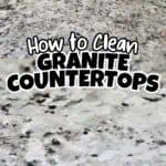 Close-up of Alaska White granite countertop with cleaning tips overlay.