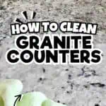 Close-up of Alaska White granite countertop with cleaning tips overlay.