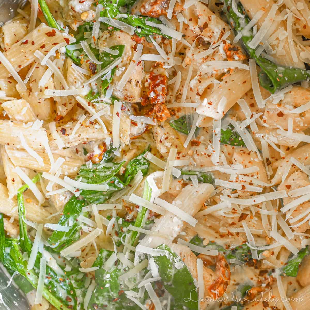 close up of marry me chicken pasta.