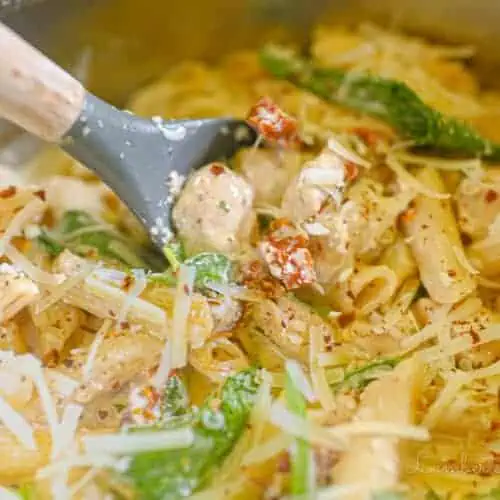 scooping a spoon of pasta.