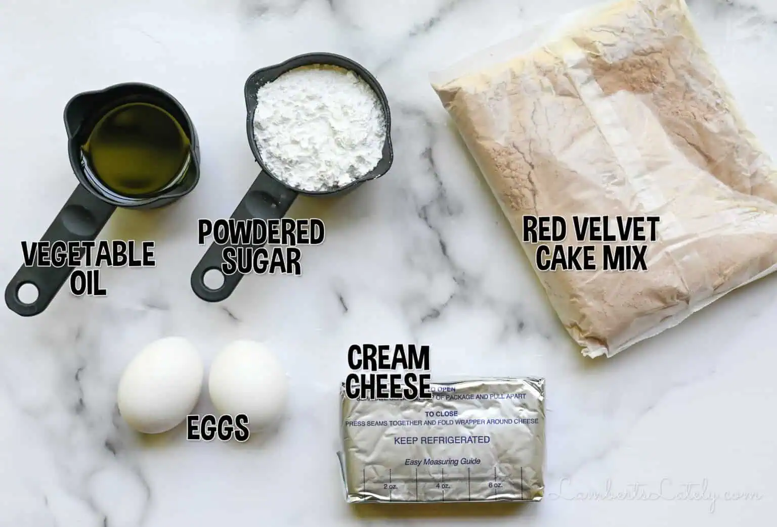 ingredients for red velvet cake mix brownies.