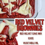 Red velvet brownies with cream cheese topping in a glass baking dish.