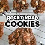 Close-up of Rocky Road cookies with marshmallows and nuts on a cooling rack.
