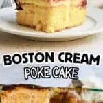 Delicious Boston Cream Poke Cake with chocolate glaze and creamy filling.