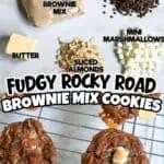 Rocky Road Brownie Mix Cookies with marshmallows, almonds, chocolate chips, eggs, and butter.