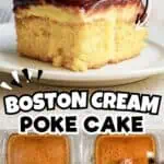 Close-up of Boston Cream Poke Cake with chocolate glaze and vanilla filling.