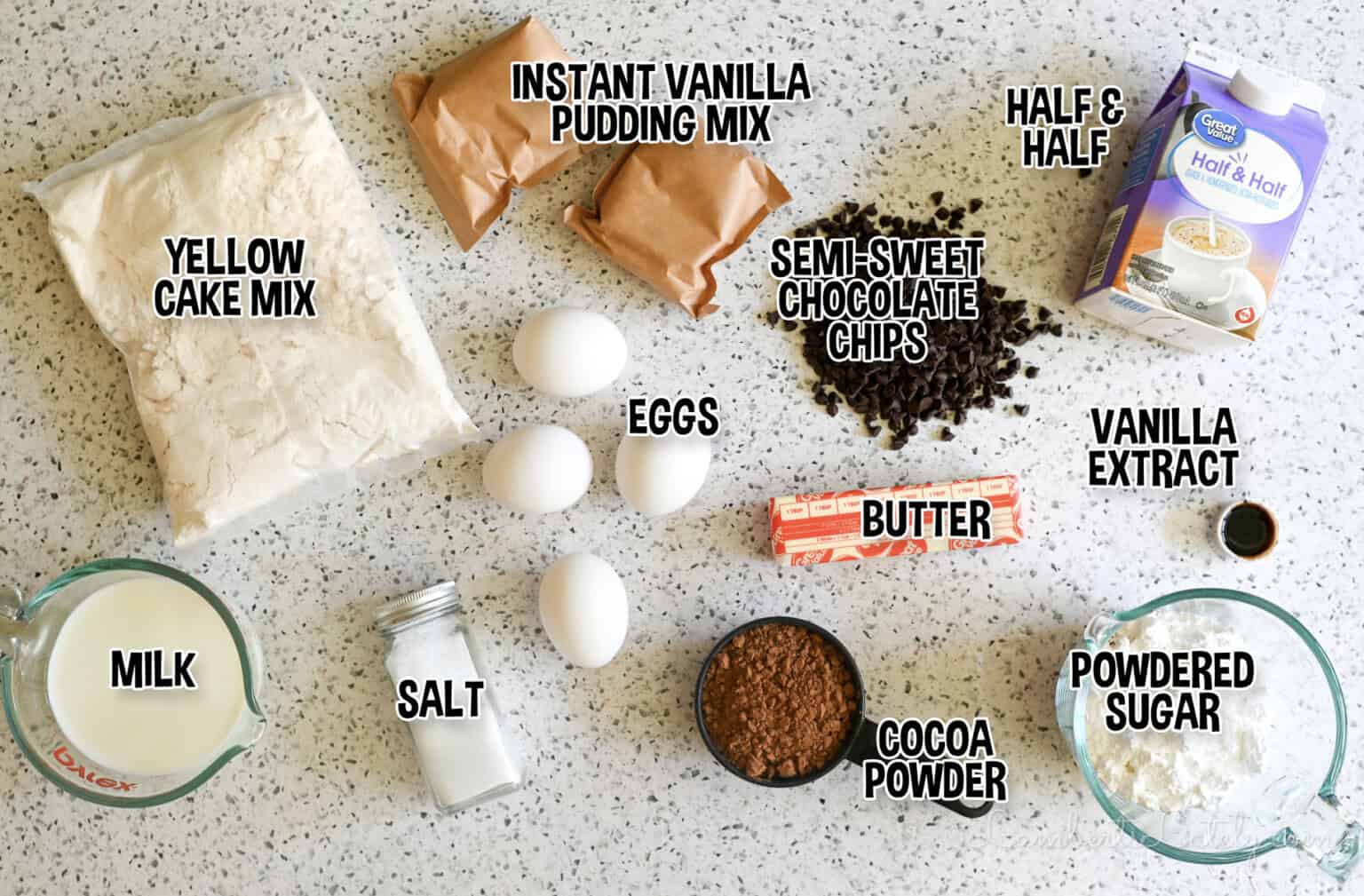 ingredients for boston creme poke cake.