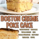 Delicious Boston Cream Poke Cake with chocolate glaze and vanilla filling.