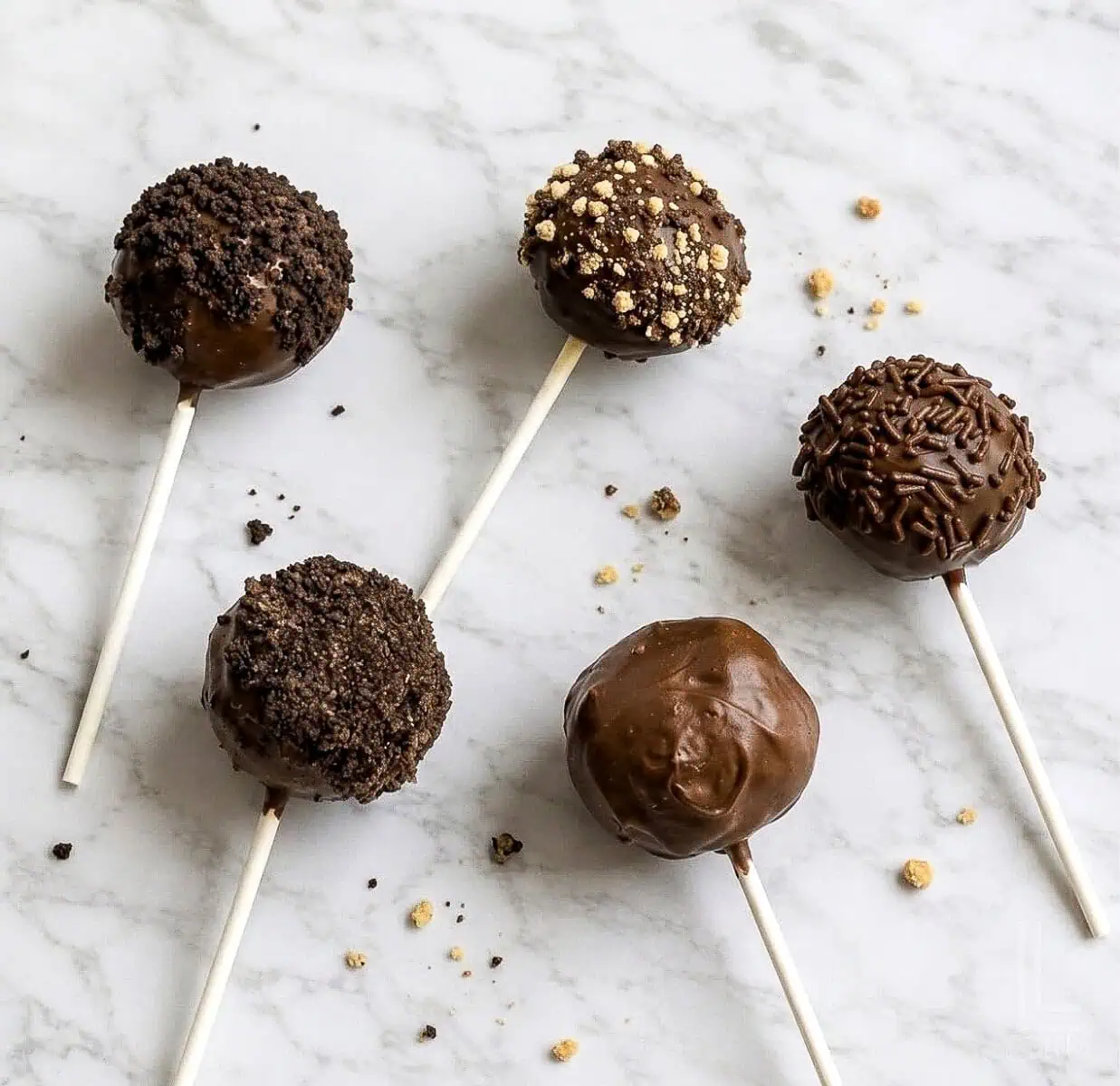 Chocolate cake pops with various toppings and chocolate coating on a marble surface.