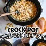 Creamy chicken pasta in a slow cooker with ingredients around it for Olive Garden Crockpot Chicken.