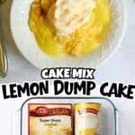 Lemon dump cake with cake mix, lemon pudding, and whipped topping on a white plate.