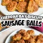 Close-up of crispy Cheddar Bay sausage balls on a white plate.