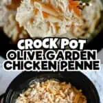 Creamy crockpot chicken pasta with olives and herbs in a black bowl.